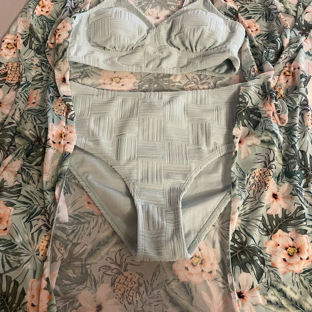 Mint Green Textured Bikini Set with Floral Cover-Up